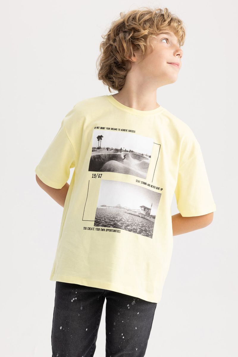 Boy Casual Oversize Fit Crew Neck Knitted Short Sleeve T-Shirt - Yellow