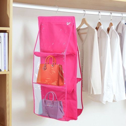6 Pocket Foldable Hanging Organiser For Purses Handbags Pink