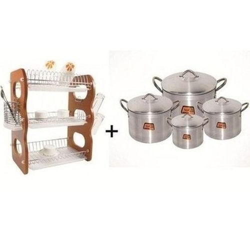 Cooking Pots Set - 4 Pcs & Wooden Dish/Plate Rack - 3 Tier