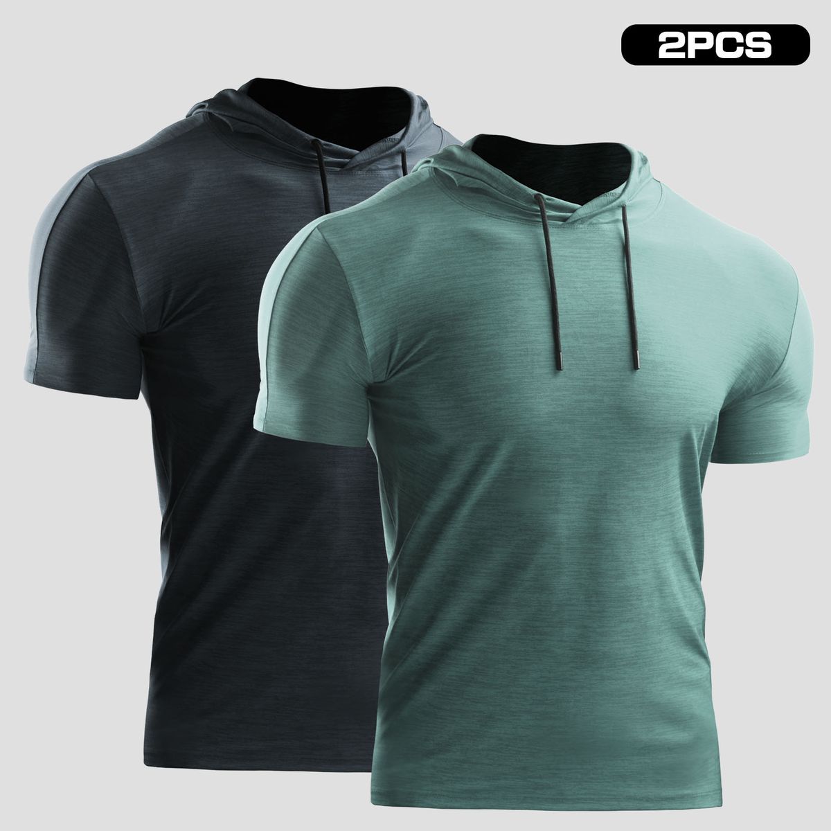 2PCS Men Summer Sports T-Shirt Solid Color Hooded Short