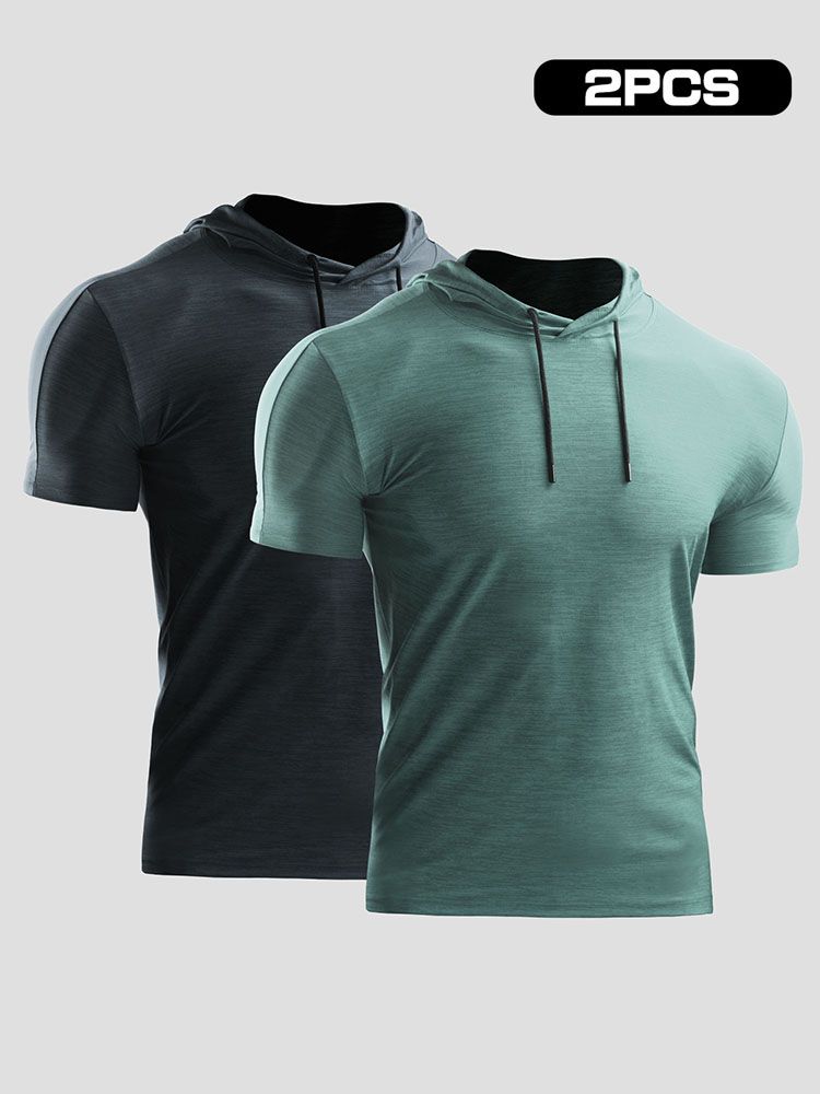 2PCS Men Summer Sports T-Shirt Solid Color Hooded Short