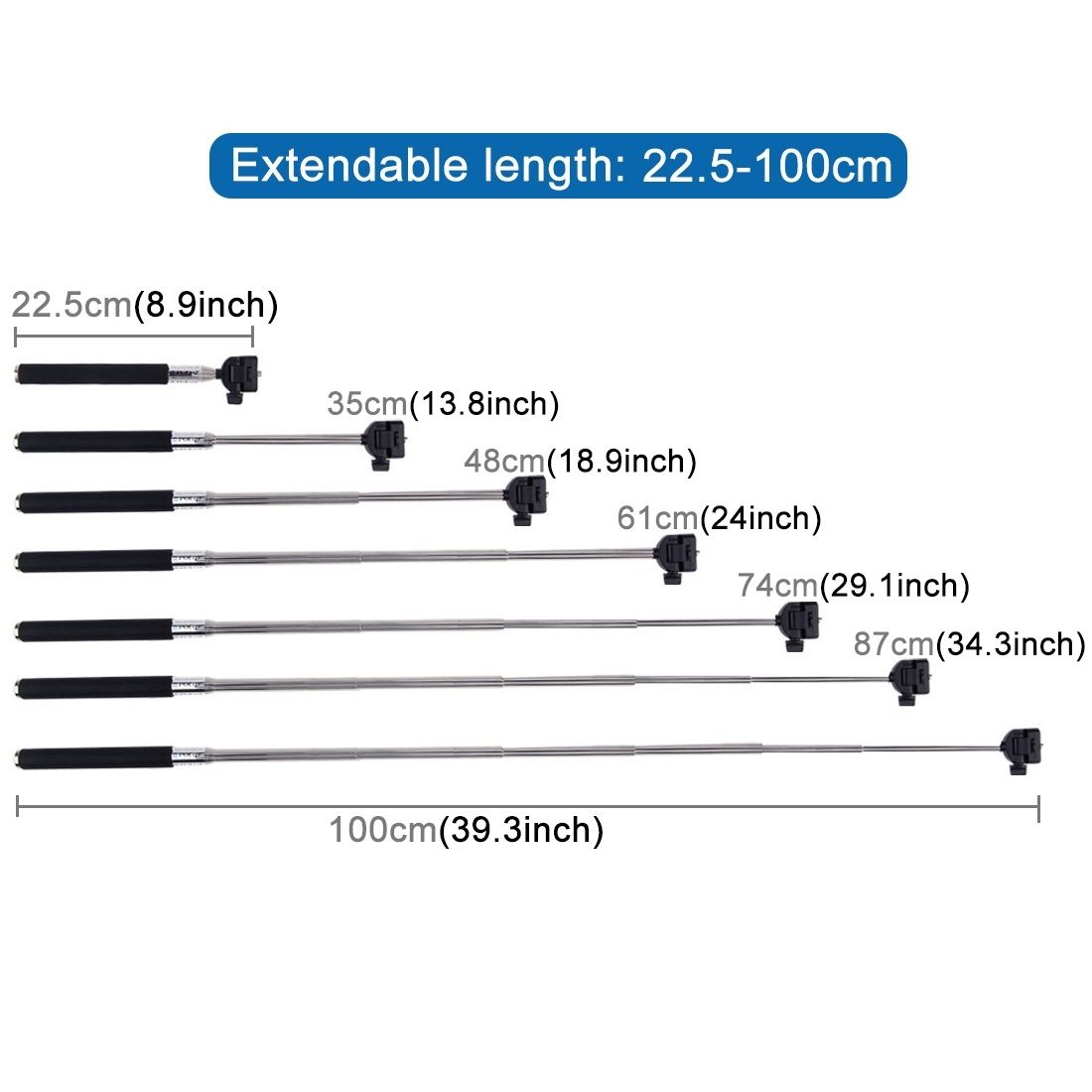 Extendable Hand Held Selfie Monopod For GoPro HERO5 /4 Session /4 /3+ /3 /2 /1, Length: 22.5-100cm