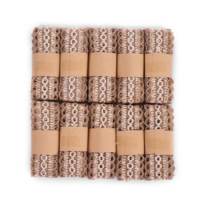 10Pcs Burlap Ribbon Roll With White Rope Trim Fabric Roll