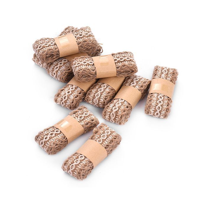 10Pcs Burlap Ribbon Roll With White Rope Trim Fabric Roll