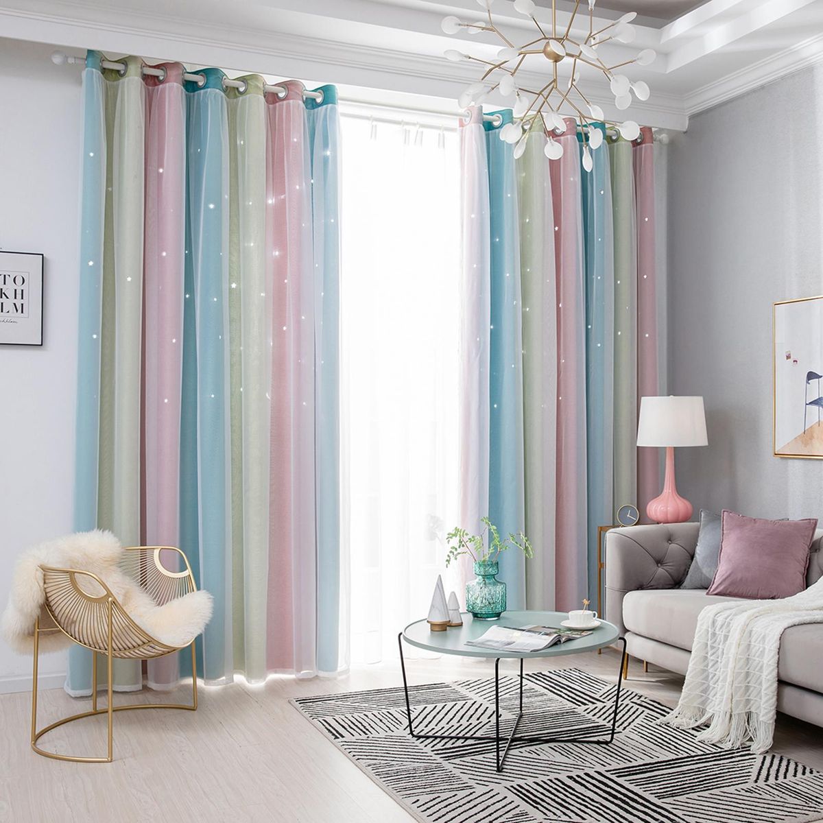 1pc Curtain Simple Gradient Hollow-out Star Pattern Double Layer Blackout Bedroom Living Room Insulation Curtain