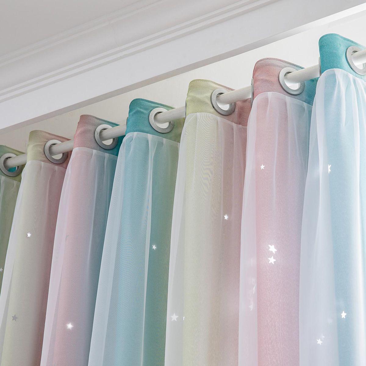 1pc Curtain Simple Gradient Hollow-out Star Pattern Double Layer Blackout Bedroom Living Room Insulation Curtain