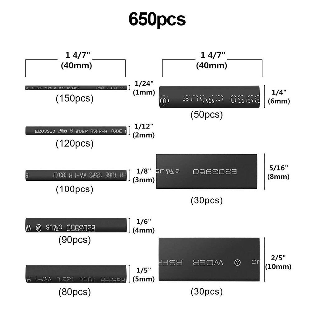 650pcs Heat Shrink Tubing Black Ratio 2:1 Insulation