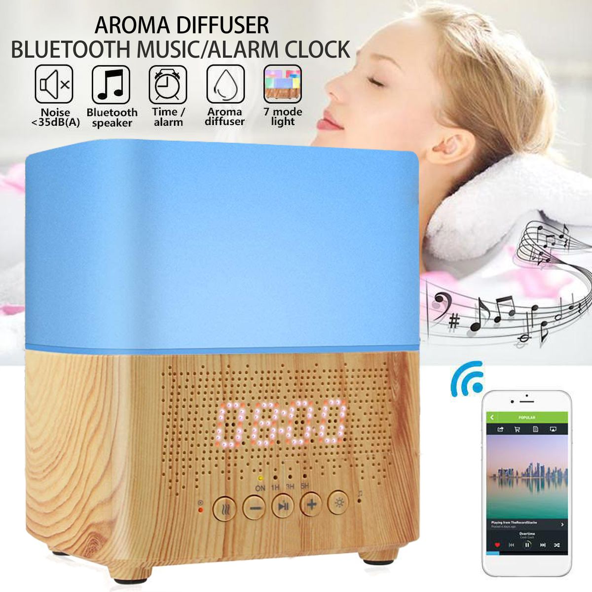 300ML BT Speaker Diffuser Humidifier Clock LED Night Light