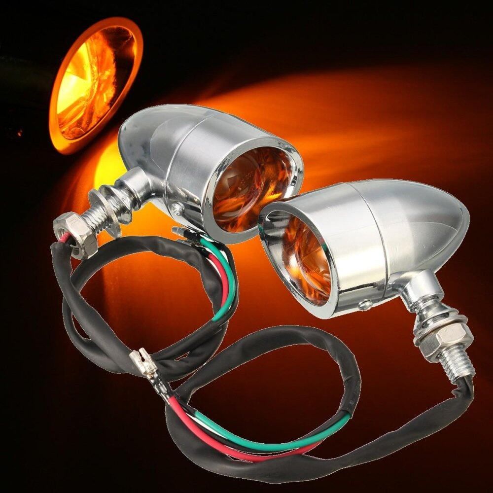 Pair Amber Metal Bullet Turn Signal Lights For Harley Cruiser Chopper Cafe Racer Chrome Chrome