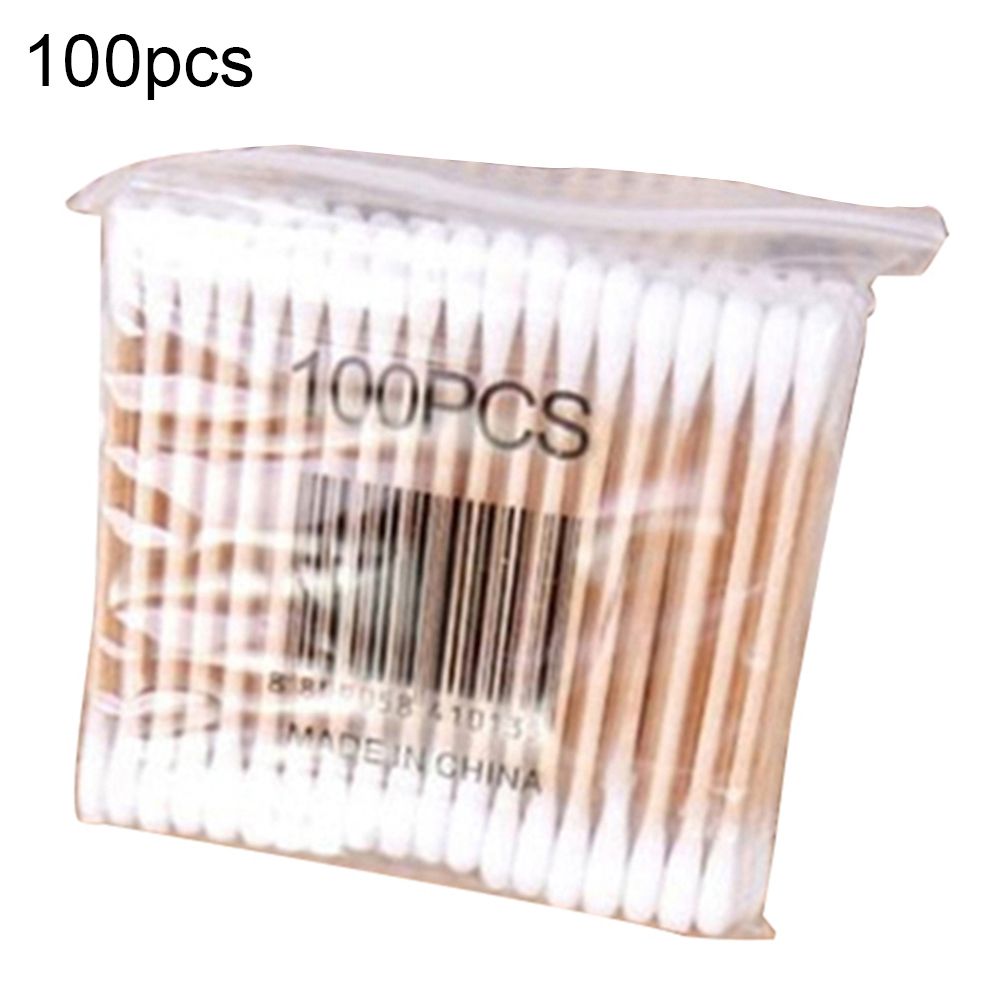 100Pcs Disposable Double Head Wood Stick Cotton Swab Buds