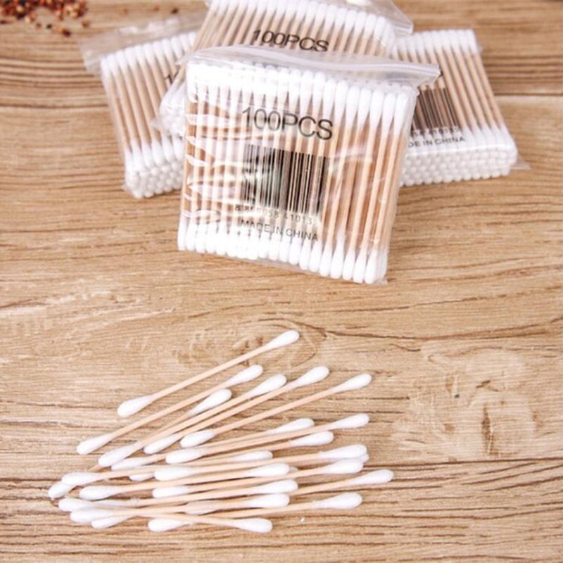 100Pcs Disposable Double Head Wood Stick Cotton Swab Buds