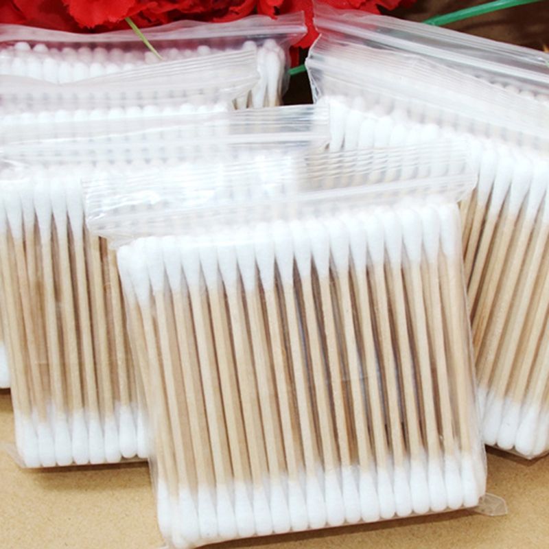 100Pcs Disposable Double Head Wood Stick Cotton Swab Buds