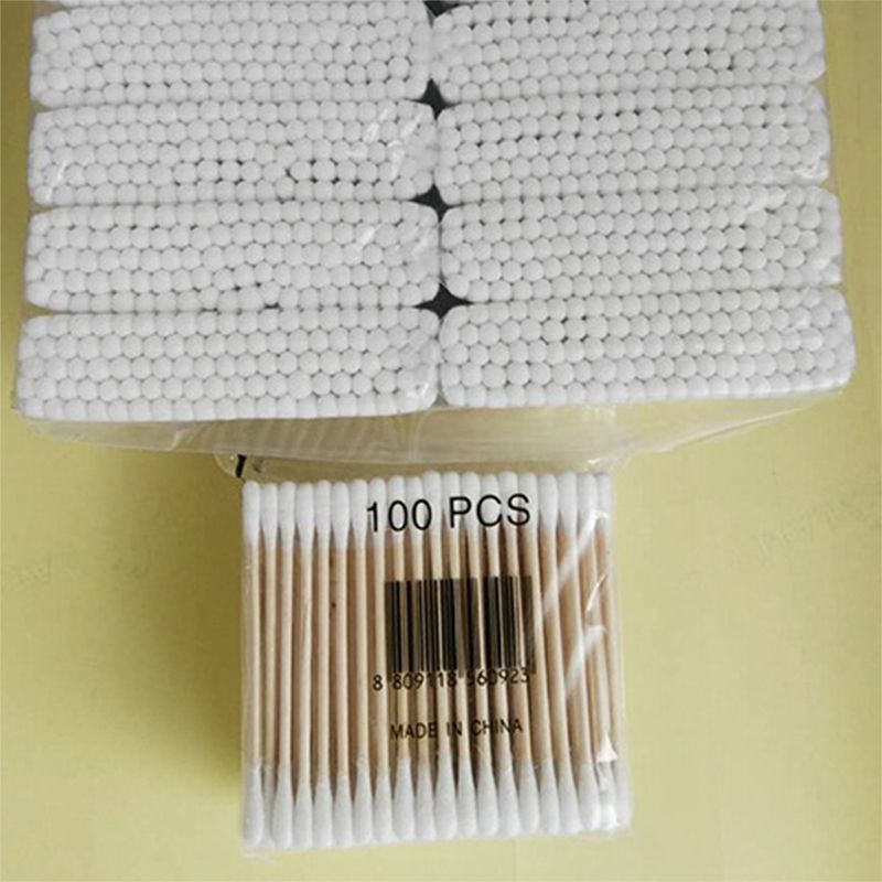 100Pcs Disposable Double Head Wood Stick Cotton Swab Buds