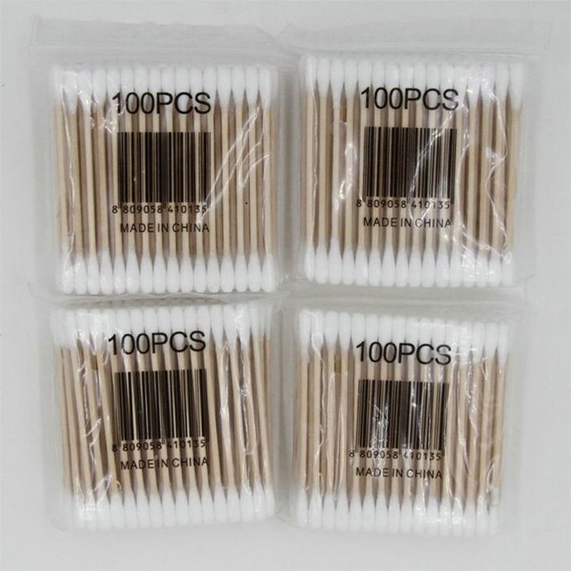 100Pcs Disposable Double Head Wood Stick Cotton Swab Buds