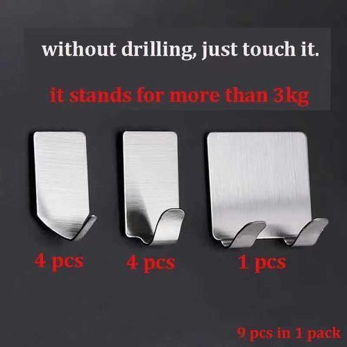 9pcs Of Self Adhesive Wall Hook/ Hanger Stainless Steel