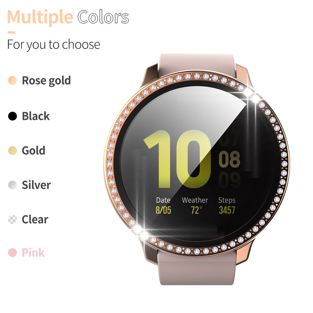 (Silver)Glass Film PC Case For Samsung Galaxy Watch 5 4 Active 2 Cover 40mm 44mm Women Diamond Screen Protector Shell Lightweight Bumper RA