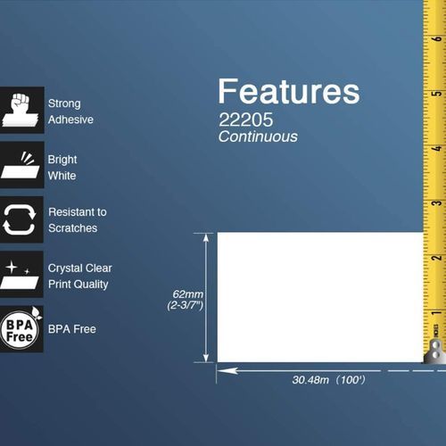 1 Roll Compatible For Brother DK22205 62mm X 30.48M Continuous White Length Paper Tape Labels With Refillable Cartridge