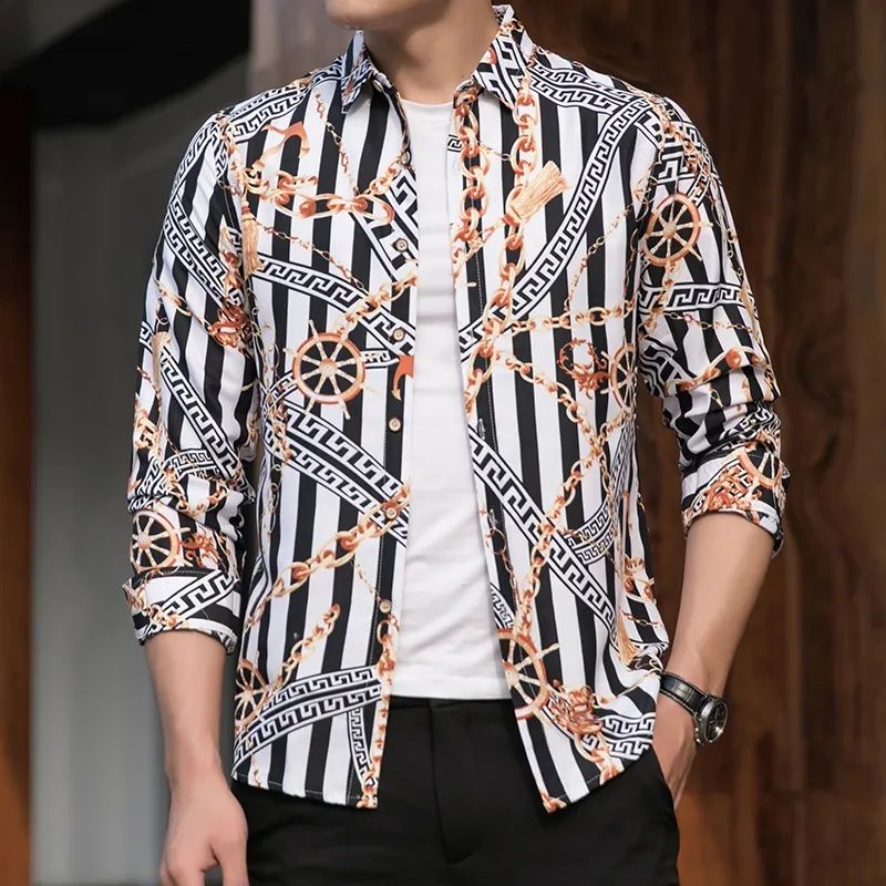 Men's Casual Quality Formal Slim Fit Long Sleeve Pattern Design Vintage Shirt