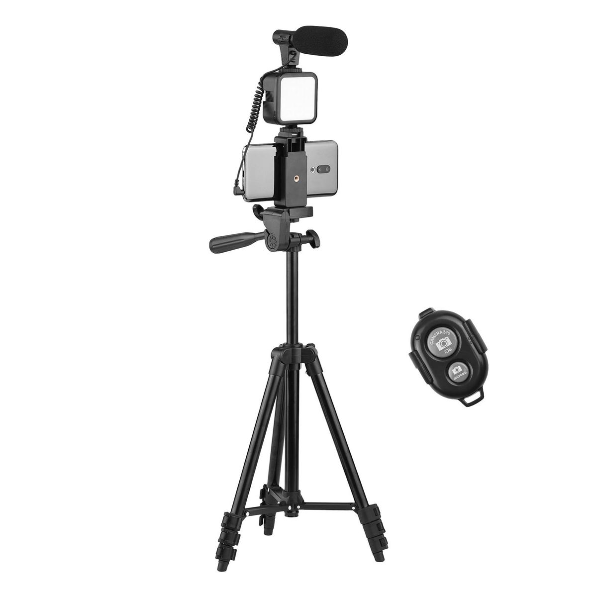 Phone Vlog Video Kit with Height Adjustable Tripod Phone Holder with Cold Shoe Microphone LED Video Light Remote Shutter for Phone Camera Video Making