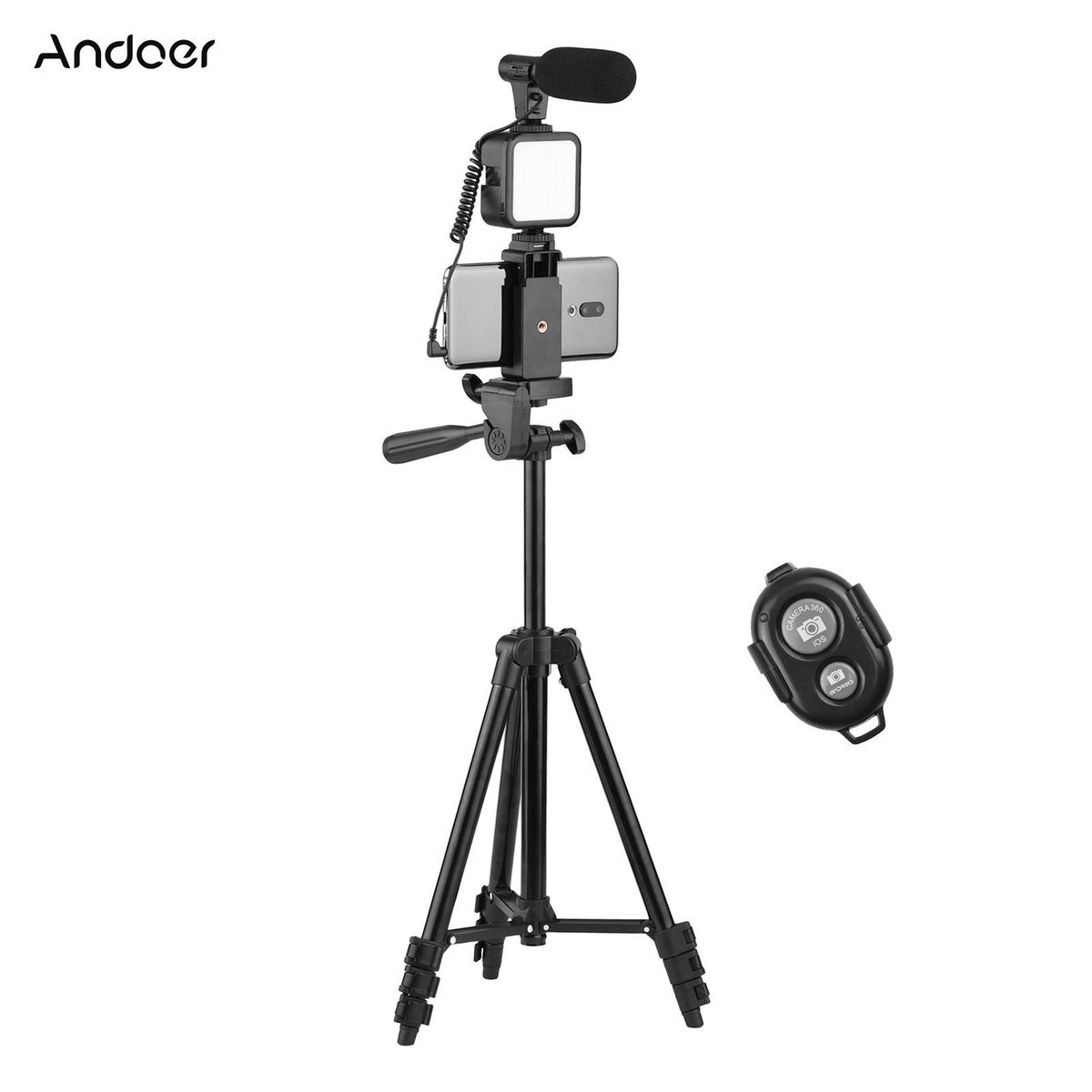 Phone Vlog Video Kit with Height Adjustable Tripod Phone Holder with Cold Shoe Microphone LED Video Light Remote Shutter for Phone Camera Video Making