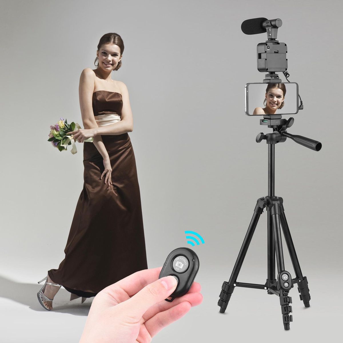 Phone Vlog Video Kit with Height Adjustable Tripod Phone Holder with Cold Shoe Microphone LED Video Light Remote Shutter for Phone Camera Video Making