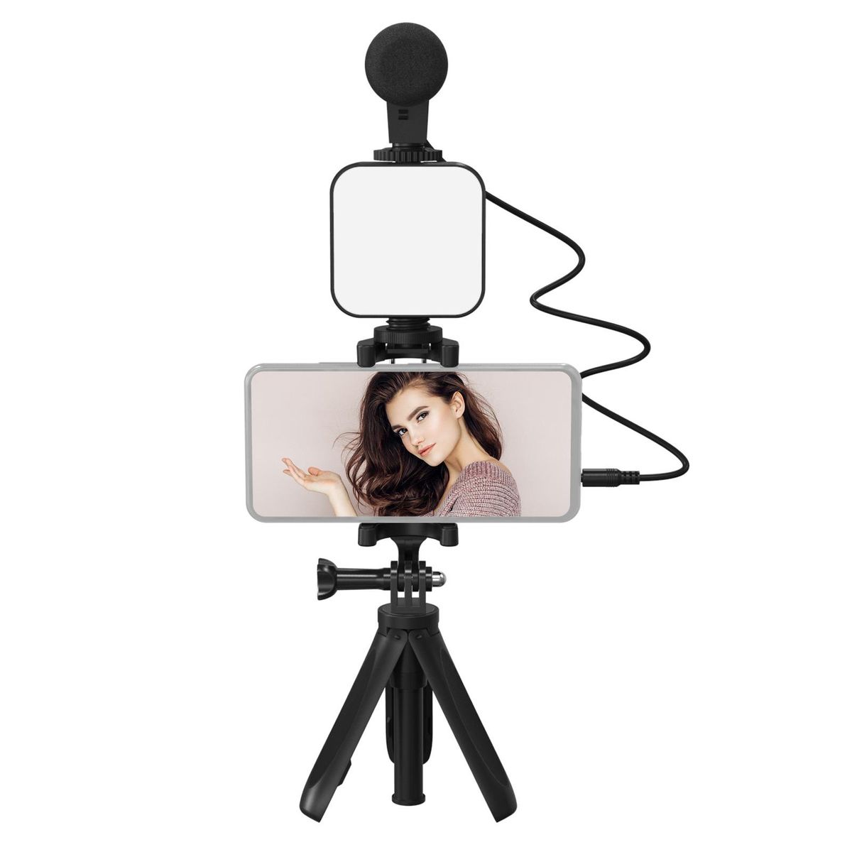 Smartphone Vlogging Kit Tripod Phone Holder + Microphone + Video Light + Clip + 3.5mm TRS to TRRS Audio Cable for Live Stream Video Recording
