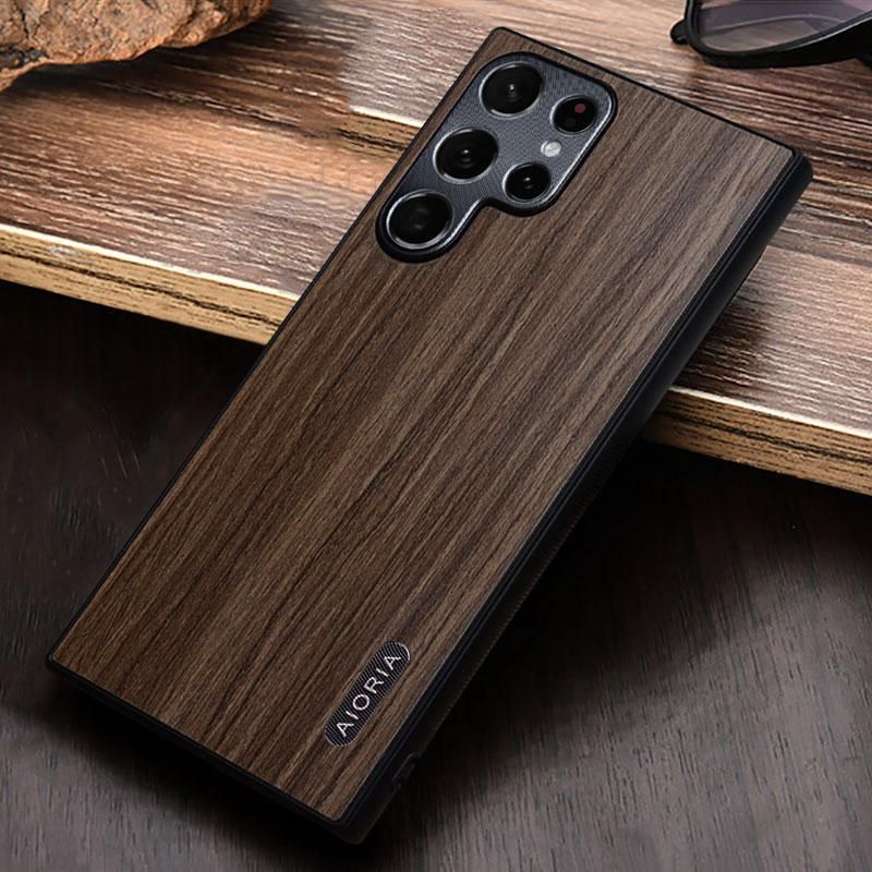Samsung Galaxy S22 S23 Ultra Case 5G Wooden Pattern Metal Camera Protection TPU Edge Hard Back Cover Phone Casing