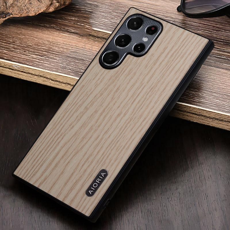 Samsung Galaxy S22 S23 Ultra Case 5G Wooden Pattern Metal Camera Protection TPU Edge Hard Back Cover Phone Casing