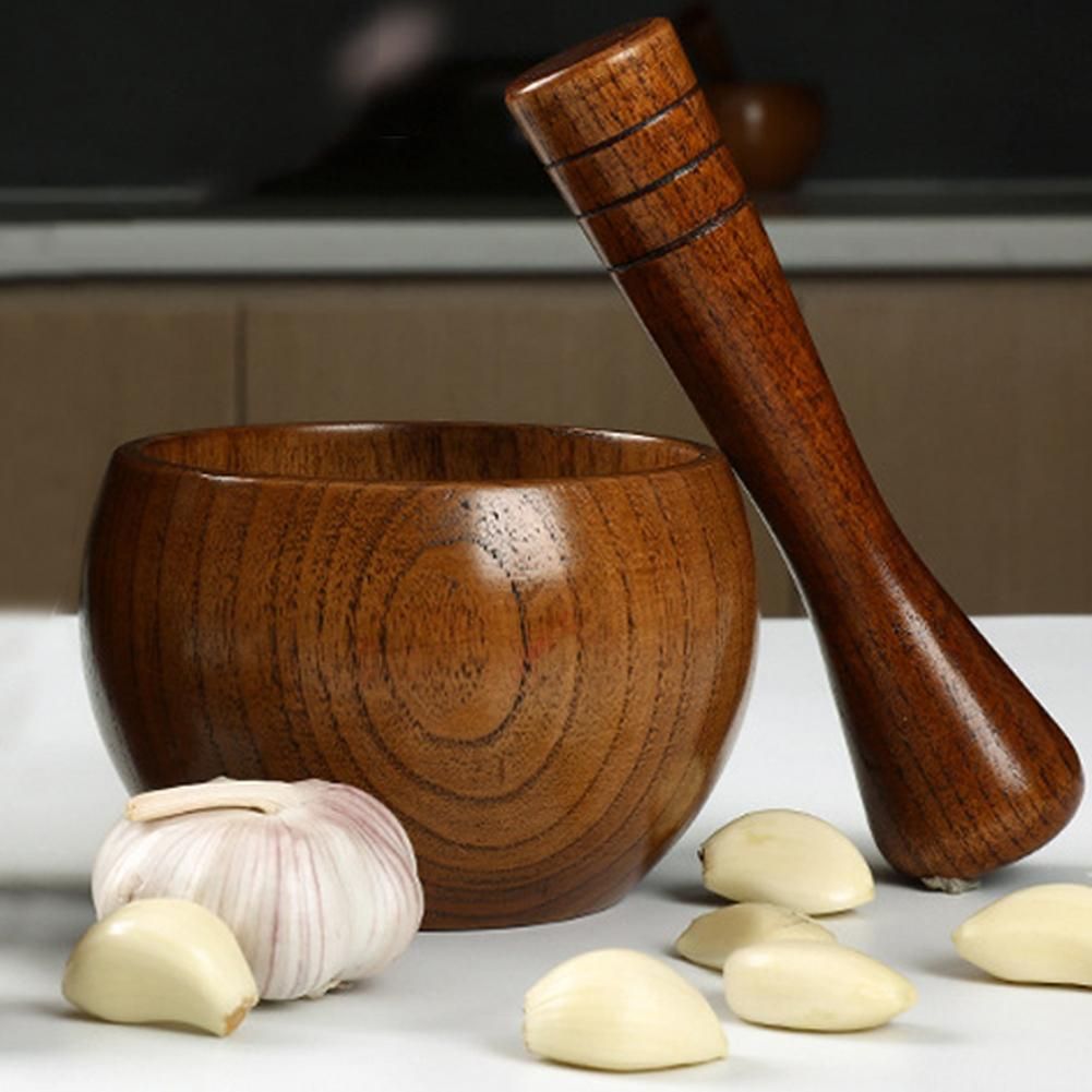 （Brown）Pounded Garlic Jar Mortar Old Fashion Wooden Grinder Round Smooth Hand Polished Pestle Set For Grind Herbs Spices Grains Pepper GRE