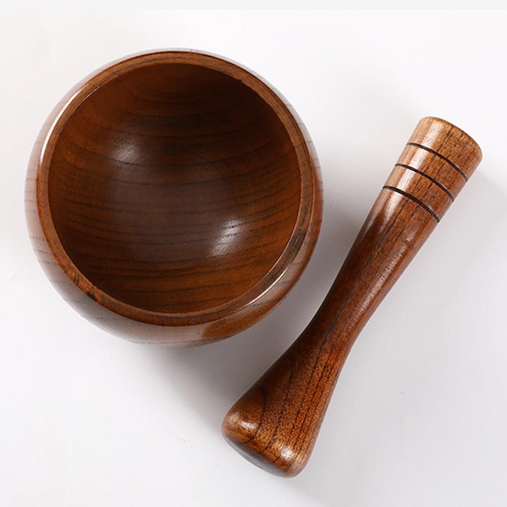 （Brown）Pounded Garlic Jar Mortar Old Fashion Wooden Grinder Round Smooth Hand Polished Pestle Set For Grind Herbs Spices Grains Pepper GRE