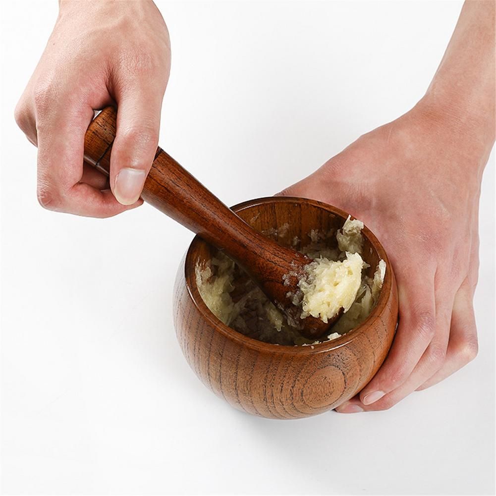 （Brown）Pounded Garlic Jar Mortar Old Fashion Wooden Grinder Round Smooth Hand Polished Pestle Set For Grind Herbs Spices Grains Pepper GRE
