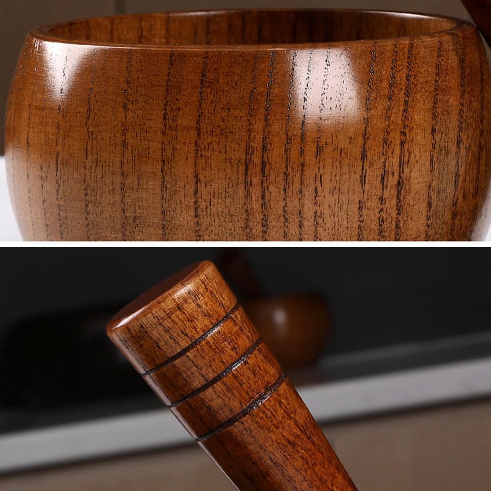 （Brown）Pounded Garlic Jar Mortar Old Fashion Wooden Grinder Round Smooth Hand Polished Pestle Set For Grind Herbs Spices Grains Pepper GRE