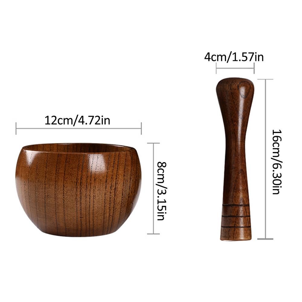 （Brown）Pounded Garlic Jar Mortar Old Fashion Wooden Grinder Round Smooth Hand Polished Pestle Set For Grind Herbs Spices Grains Pepper GRE