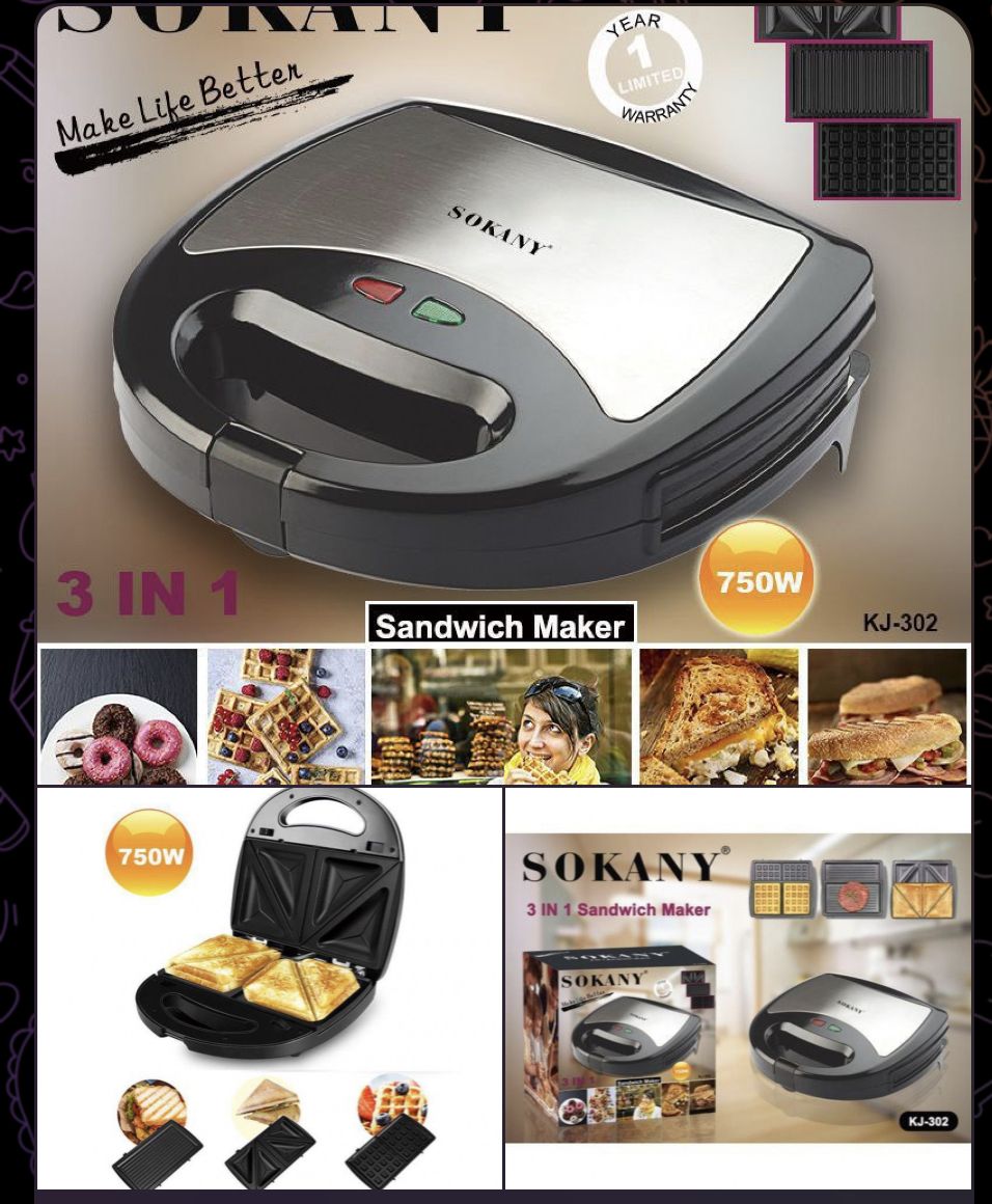 Sokany Sandwich Maker 3 In 1 Toaster/Waffle/Grill