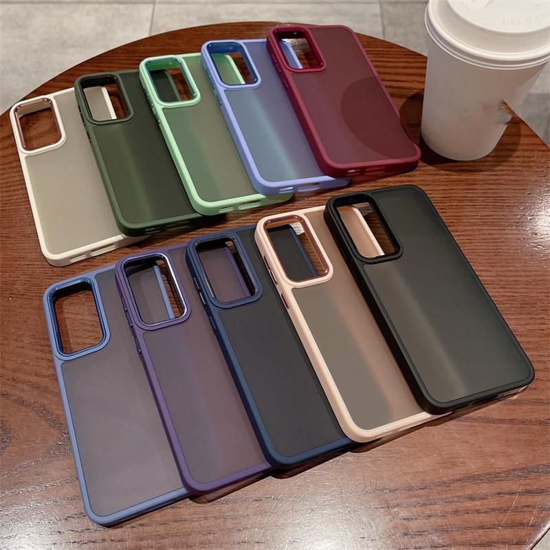 Luxury Matte Shockproof Clear Case For Samsung Galaxy S23 Ultra S23 Plus Metal Lens Frame Solid Color Frosted Protection Cover