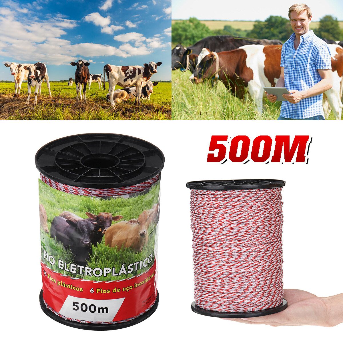 500M Roll Electric Fence Rope Red White Polywire With Steel Poly Rope For Horse Animal Fencing Ultra Low Resistance Wire