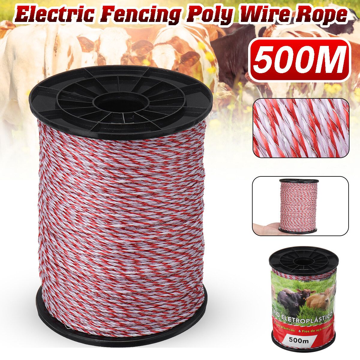 500M Roll Electric Fence Rope Red White Polywire With Steel Poly Rope For Horse Animal Fencing Ultra Low Resistance Wire