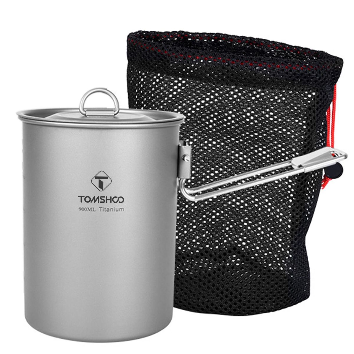 TOMSHOO Camping Pot Lightweight 900ml Titanium Pot Water Cup with Lid and Foldable Handle for Outdoor Camping Hiking Picnic Backpacking