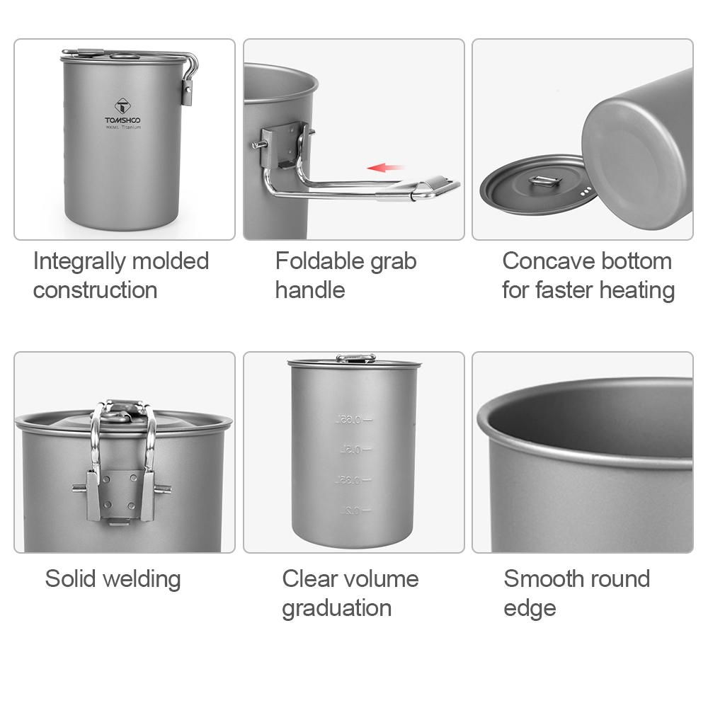 TOMSHOO Camping Pot Lightweight 900ml Titanium Pot Water Cup with Lid and Foldable Handle for Outdoor Camping Hiking Picnic Backpacking