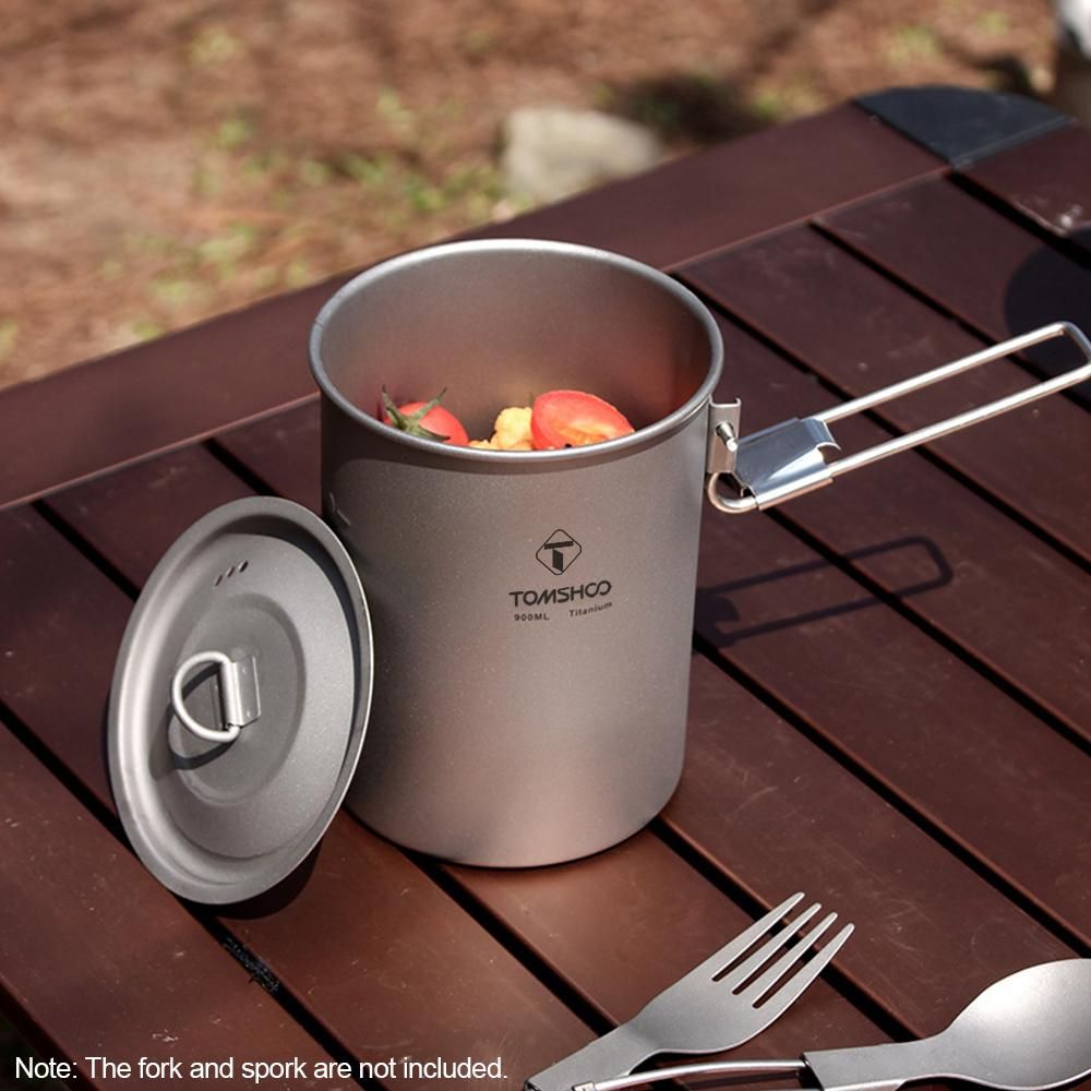 TOMSHOO Camping Pot Lightweight 900ml Titanium Pot Water Cup with Lid and Foldable Handle for Outdoor Camping Hiking Picnic Backpacking