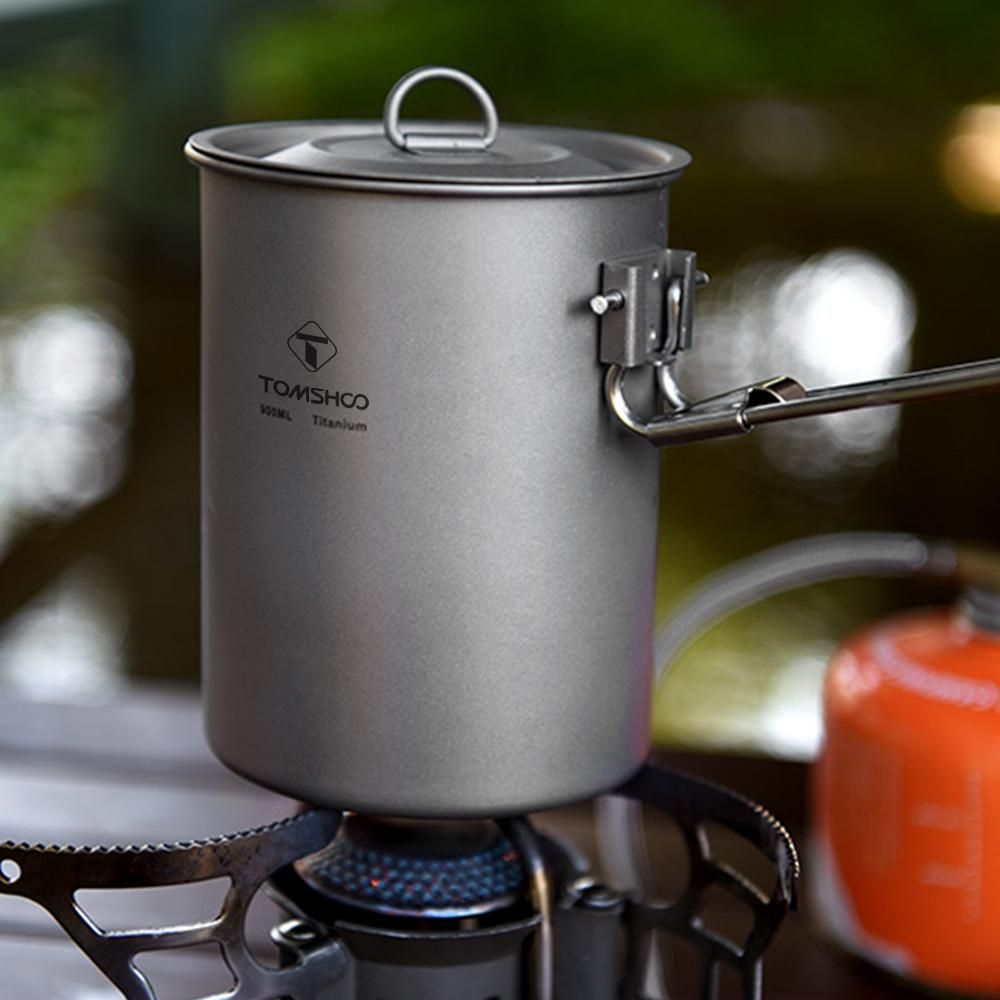 TOMSHOO Camping Pot Lightweight 900ml Titanium Pot Water Cup with Lid and Foldable Handle for Outdoor Camping Hiking Picnic Backpacking