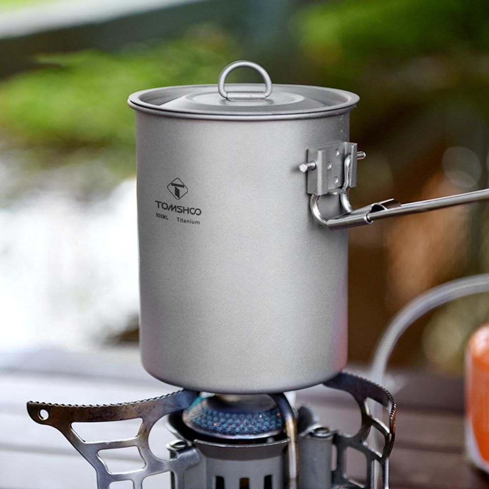 TOMSHOO Camping Pot Lightweight 900ml Titanium Pot Water Cup with Lid and Foldable Handle for Outdoor Camping Hiking Picnic Backpacking