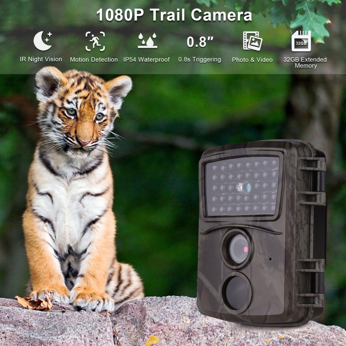 Wildlife Trial Camera FHD1080P 0.8s Triggering IR Night Vision IP54 Waterproof 32GB External Memory with 1/4 Interface