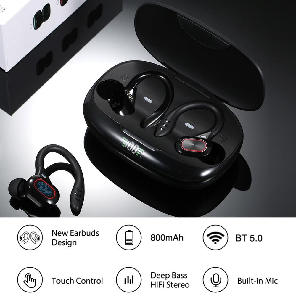 True Wireless Stereo BT 5.0 Earphones Chargeable Stereo Sound Earbuds Waterproof Touch-control Headset Compatible with Android/iOS/PC Tablet Black