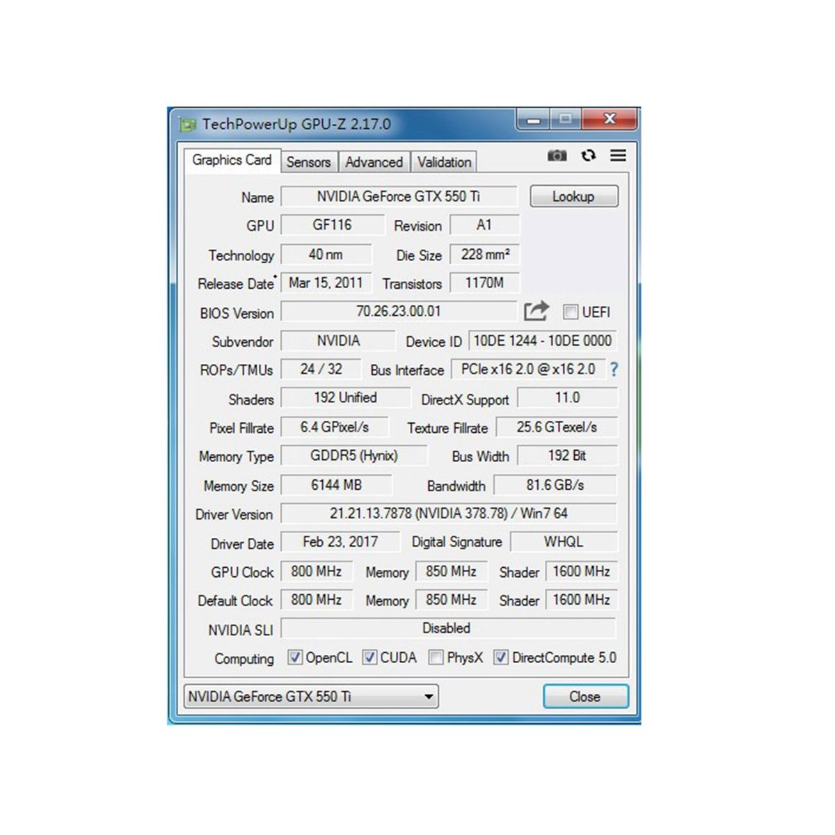 Graphics Card GTX550Ti 6GB Video Card GPU GDDR5 192Bit