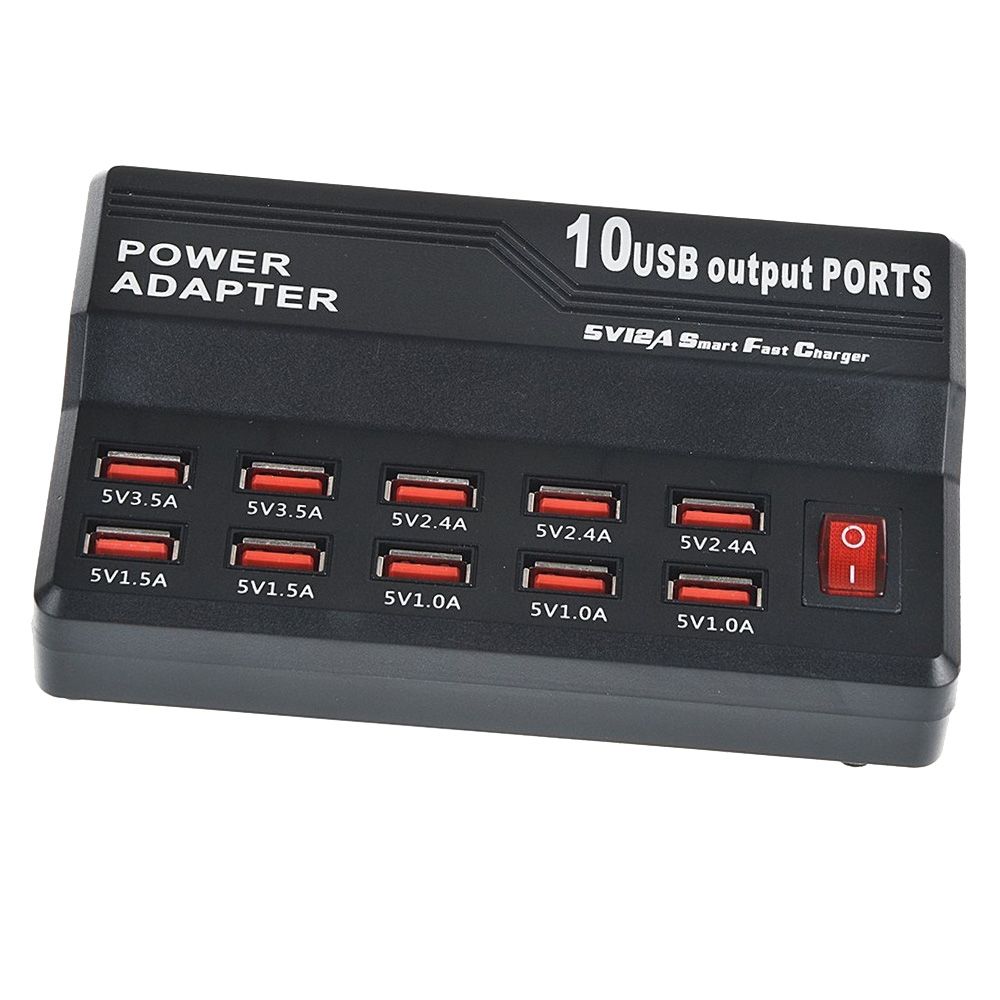 60W 10 Ports USB Fast Charging Dock Desktop Smart Charger AC100-240V, US Plug (Black)
