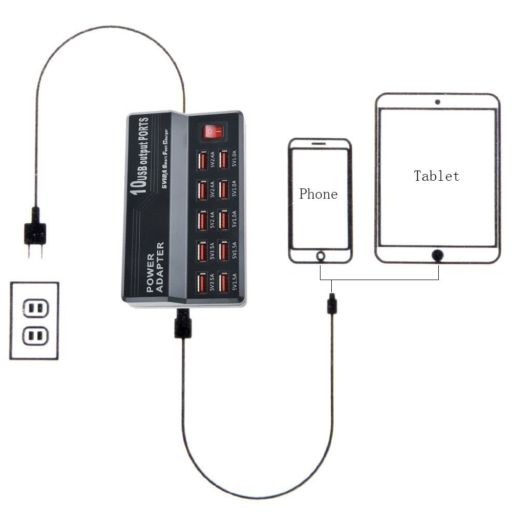 60W 10 Ports USB Fast Charging Dock Desktop Smart Charger AC100-240V, US Plug (Black)