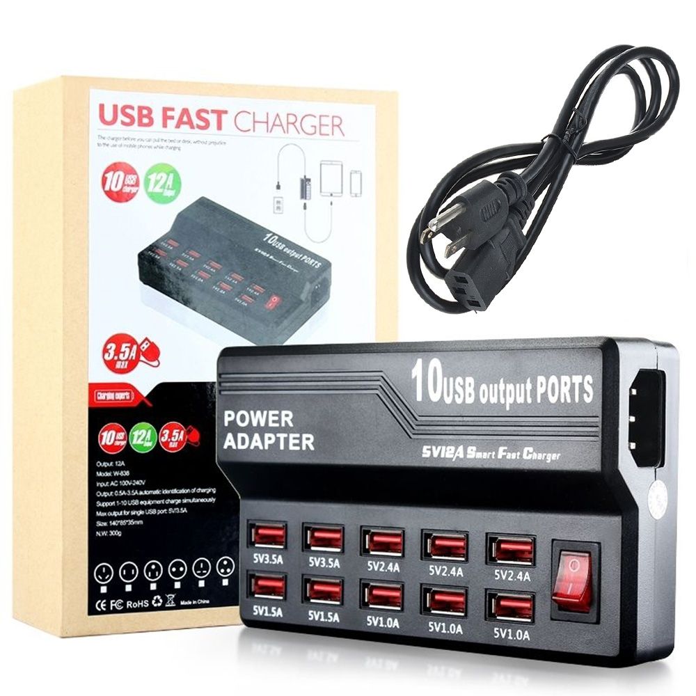 60W 10 Ports USB Fast Charging Dock Desktop Smart Charger AC100-240V, US Plug (Black)