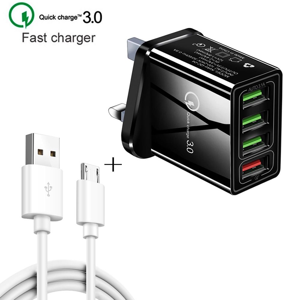 2 In 1 1m USB To Micro USB Data Cable + 30W QC 3.0 4 USB Interfaces Universal Quick Charger Travel Charger Set, UK Plug(White)