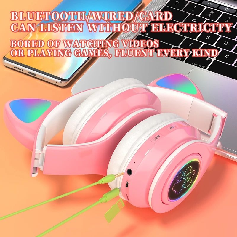B39 Cute Cat Ears Bluetooth Headphone Wireless Headset Flashing LED